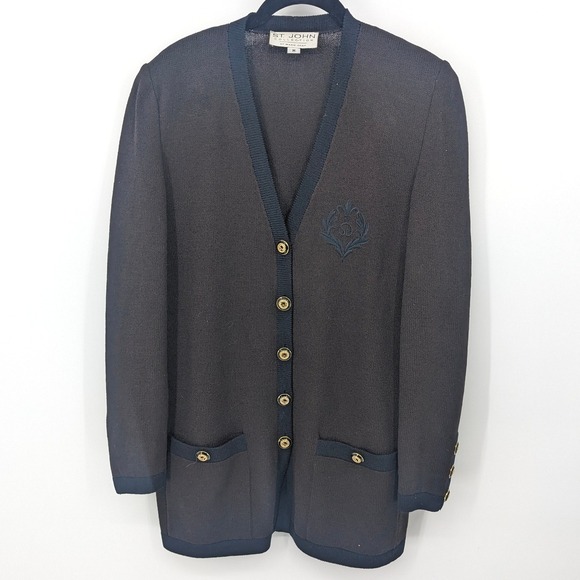 St John Santana Knit Cardigan Women Medium Brown Embroidered Gold Button Sweater